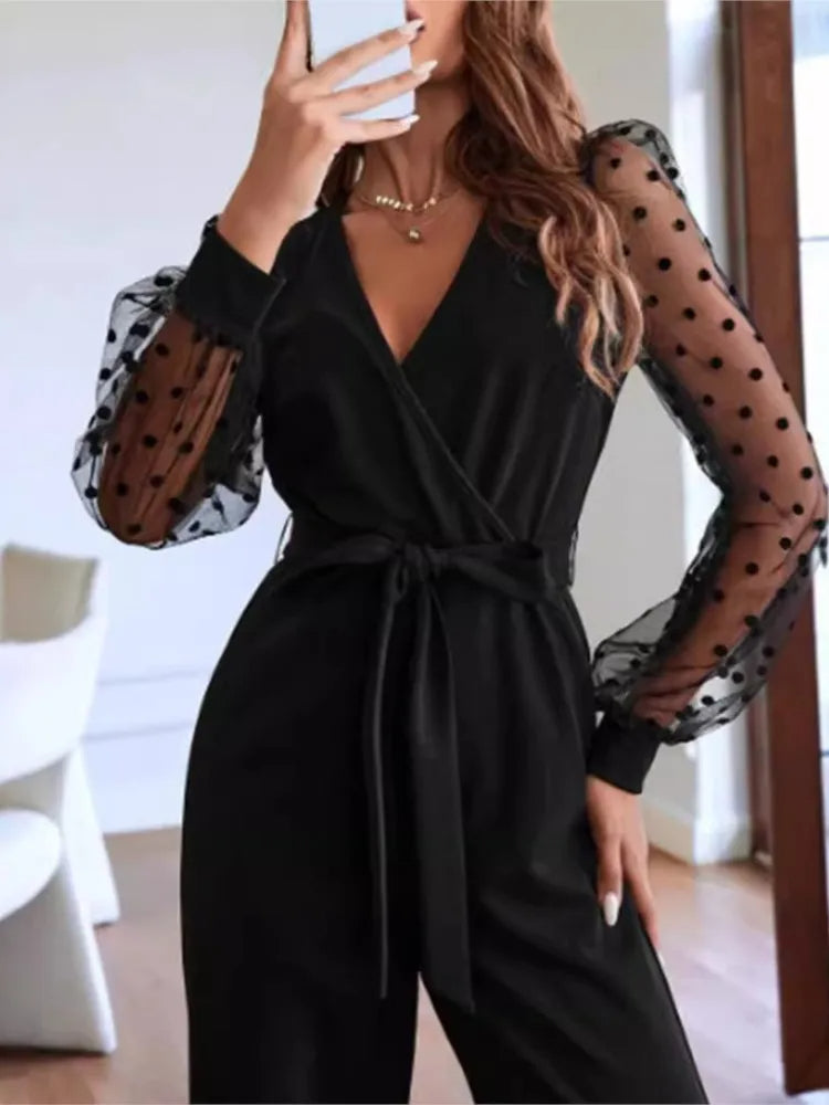 Sheer Sleeve Black Straight Jumpsuits