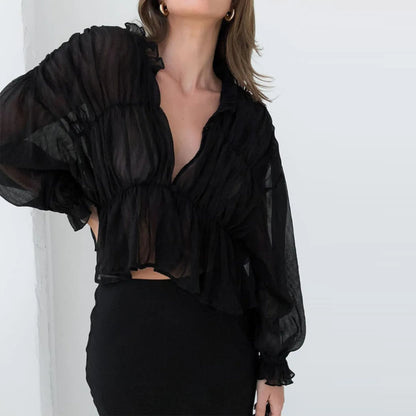 Chic Women's Ruffle Crop Top | V-Neck Puff Sleeve See-Through T-Shirt Blouse for Elegant Streetwear