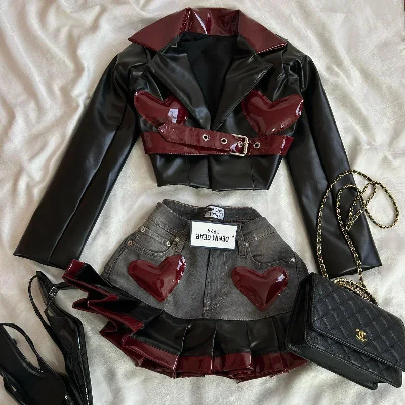 2025 Punk Rock Mini Skirt Set for Women Sexy Y2K Denim Patchwork Pleated Skirt Festival Outfit