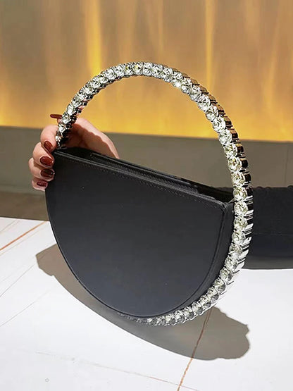 Rhinestone Round Ring Evening Clutch - Trendy Faux Leather Handbag for Women, Party, Prom & Wedding