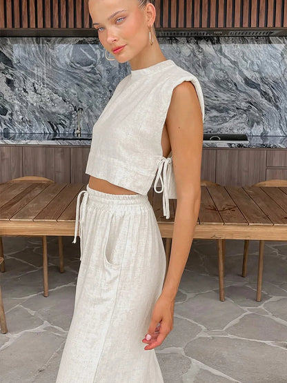 2025 Linen Two-Piece Set for Women Summer Holiday Outfit Crop Top & Wide-Leg Pants Matching Set