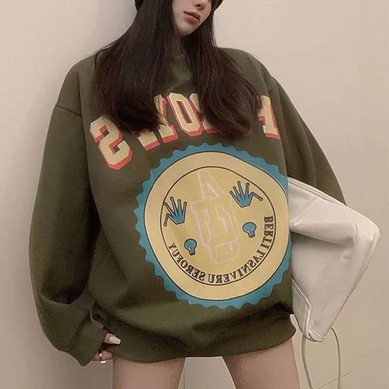 2025 Oversized Printed Sweatshirt for Women Casual Streetwear Loose-Fit Pullover