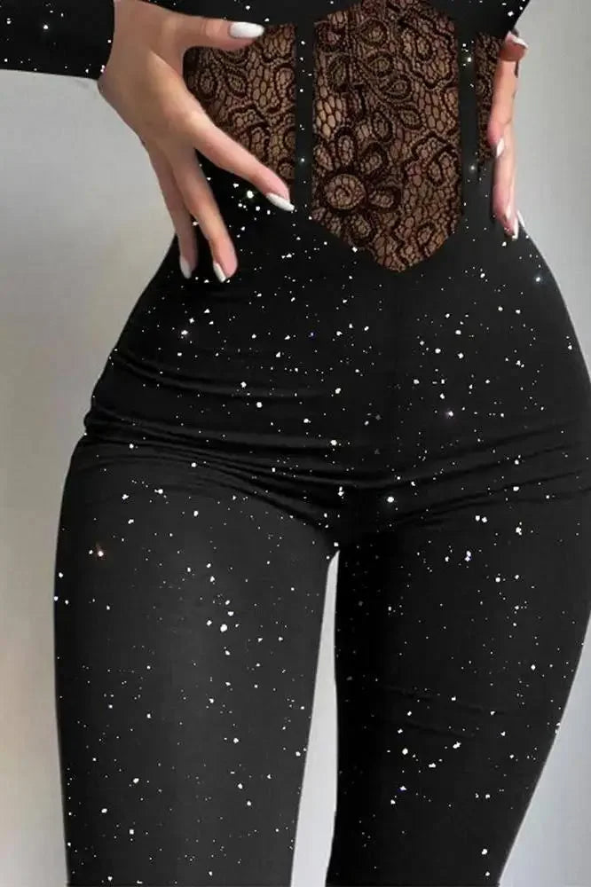 2025 Women's Lace Hollow Fashion Jumpsuit Glitter Knitted Sleeveless High Waist Pants Outfit