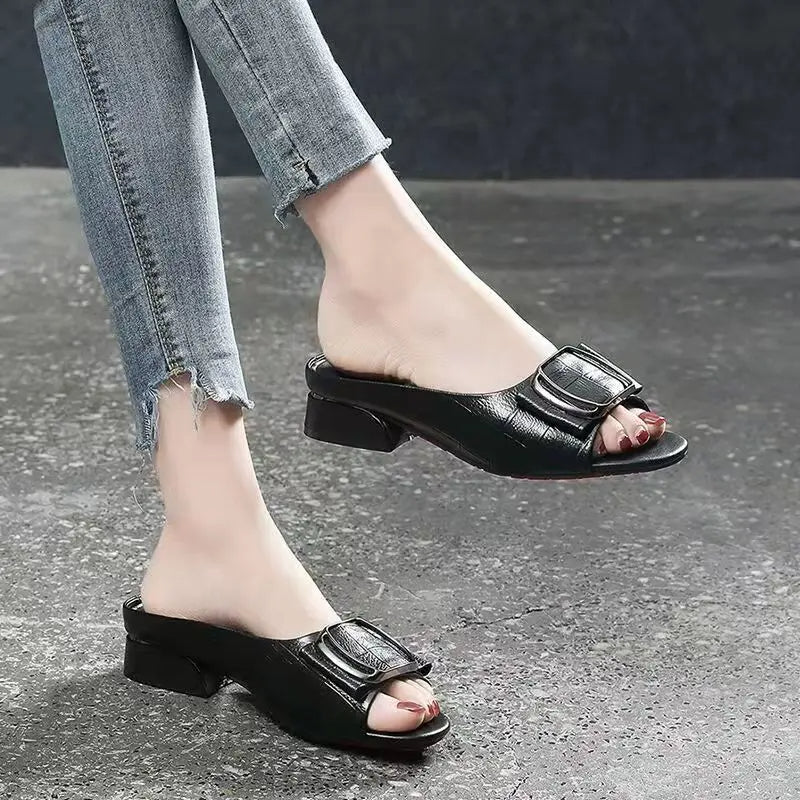 Plus Size Summer Sandals for Women – Chic Square Buckle Heels, Comfortable Casual Shoes for Daily Wear