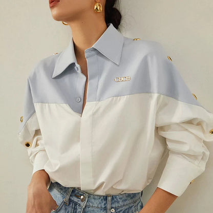 2025 Women's Button Contrast Patchwork Blouse | Long Sleeve Fashion Shirt with Brand Design for Elegant Style