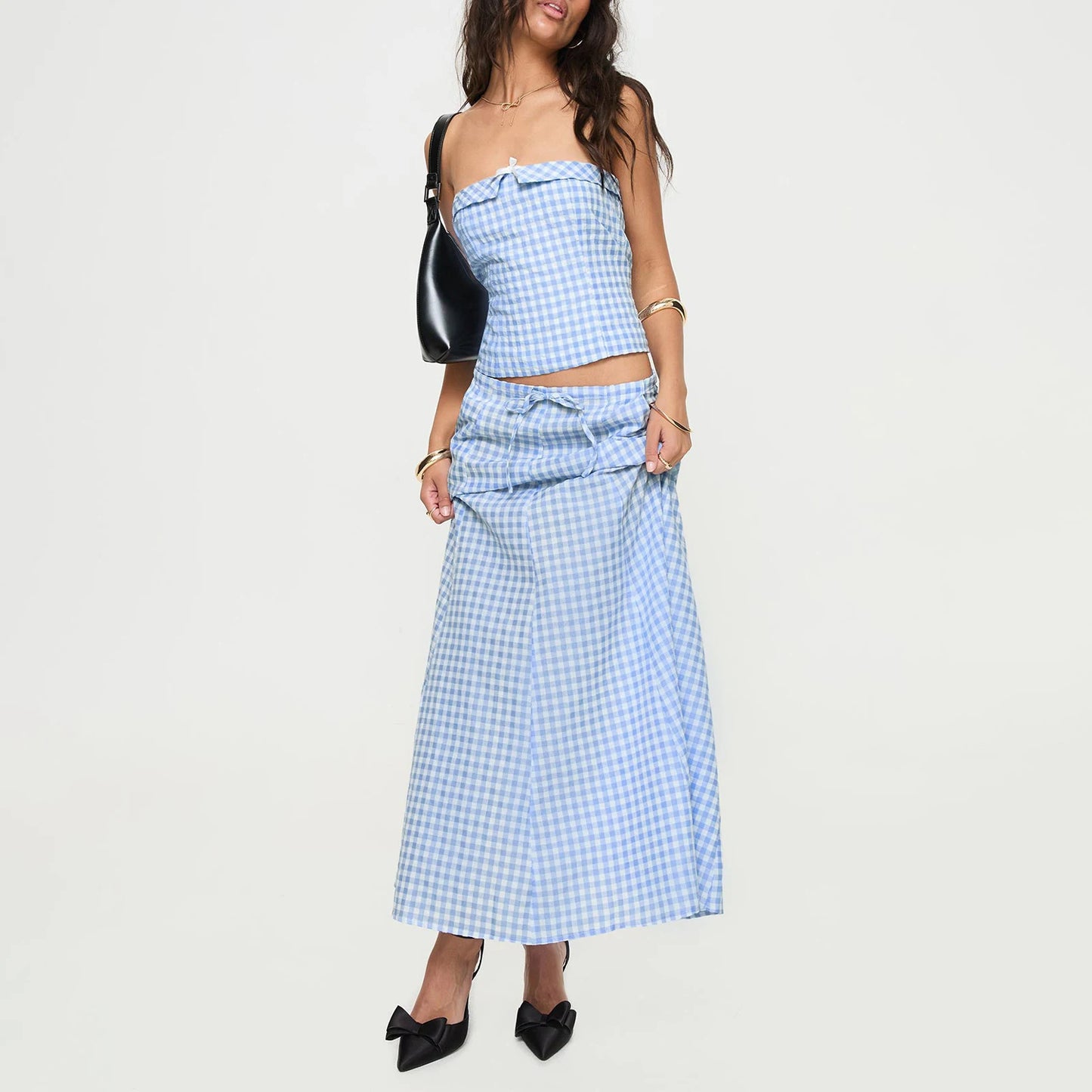 2025 Y2K Plaid Two-Piece Set for Women Crop Tube Top & Flowy Maxi Skirt Aesthetic Summer Outfit