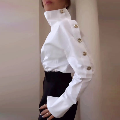 2025 Fashion Office Ladies One-Shoulder Blouse | Slim Fit Long Sleeve White Shirt with Metal Button