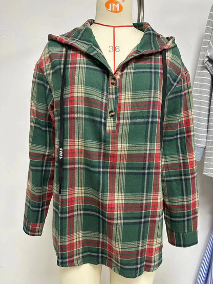 2025 Plaid Hooded Sweatshirt for Women Loose Fit Drawstring Long Sleeve Casual Fall Fashion