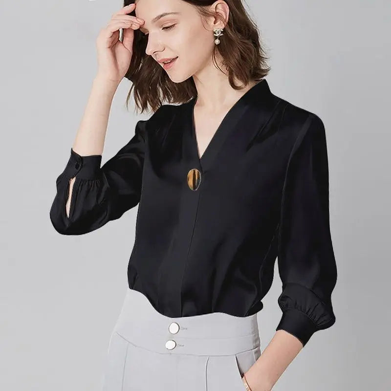 Spring/Summer Women’s Chiffon Loose-Fit Shirt | Solid Color Long Sleeve Office Lady Top for All-Match Fashion