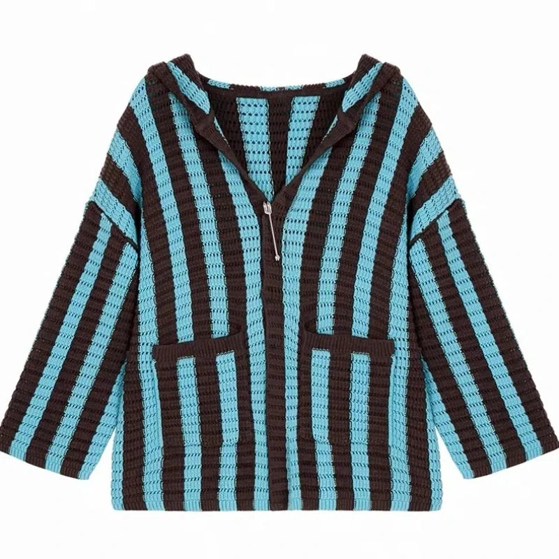 2025 Retro-Inspired V-Neck Striped Cardigan for Women Loose-Fit, Medium to Long Length, Long Sleeve