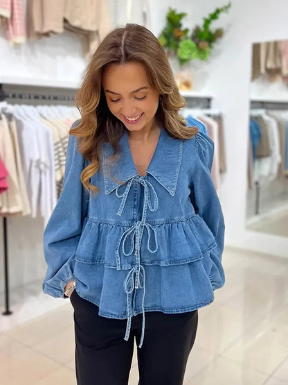 2025 Fashion Street Style Women's Denim Shirt | Casual Loose-Fit Long Sleeve Lace-Up Blouse for Chic Layered Looks