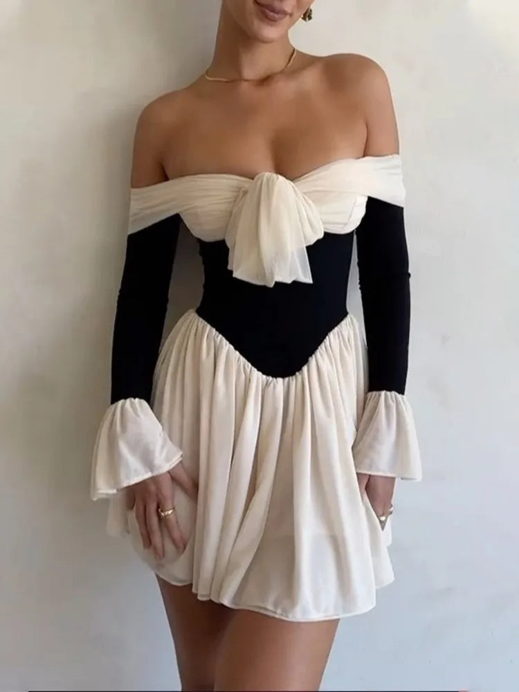 Off-Shoulder Long Flare Sleeve Pleated Mini Club Party Dress