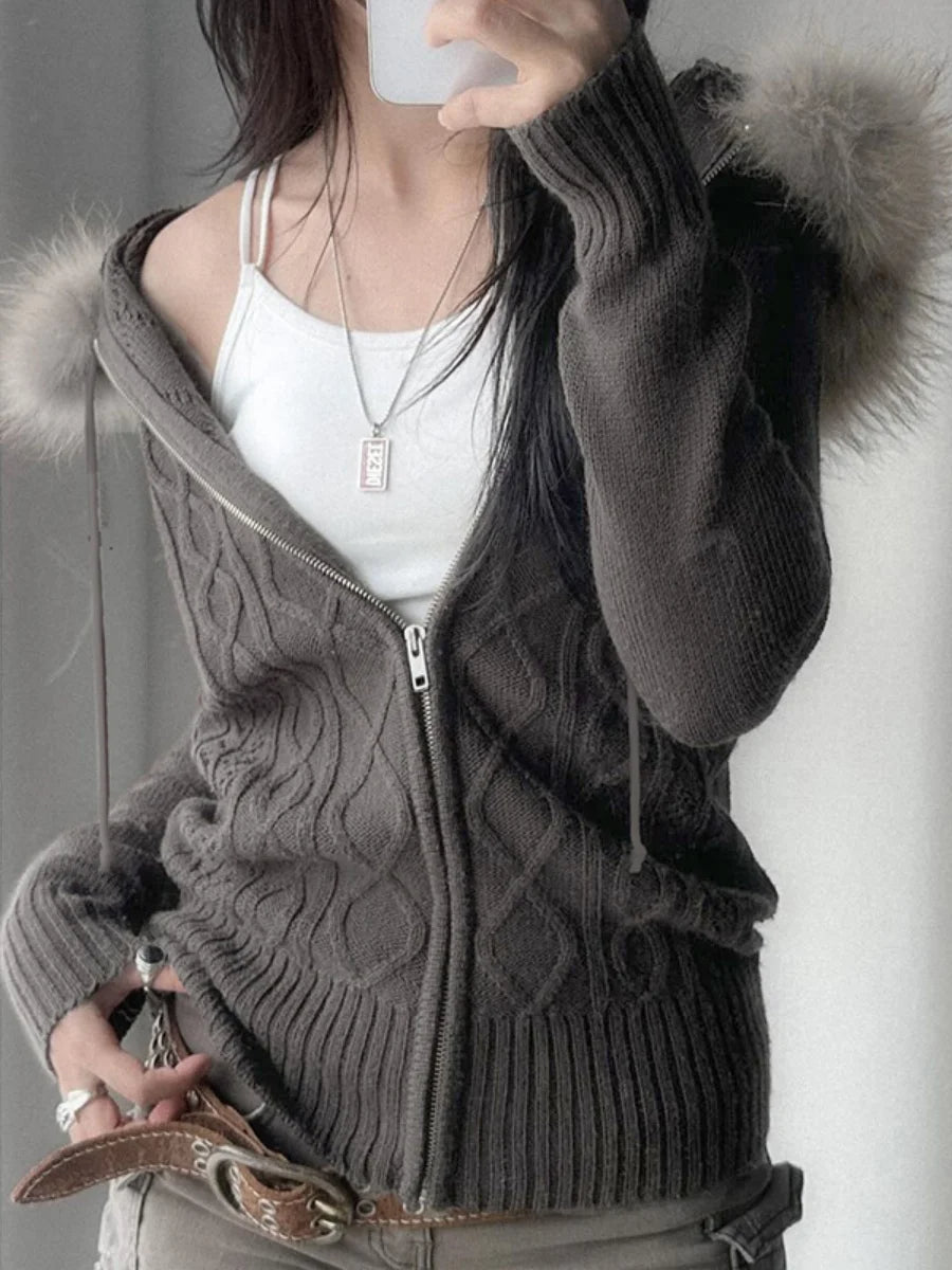 2025 Retro-Inspired Oversized Cable Knit Cardigan for Women Hooded, Plush Trim, Harajuku Streetwear Style