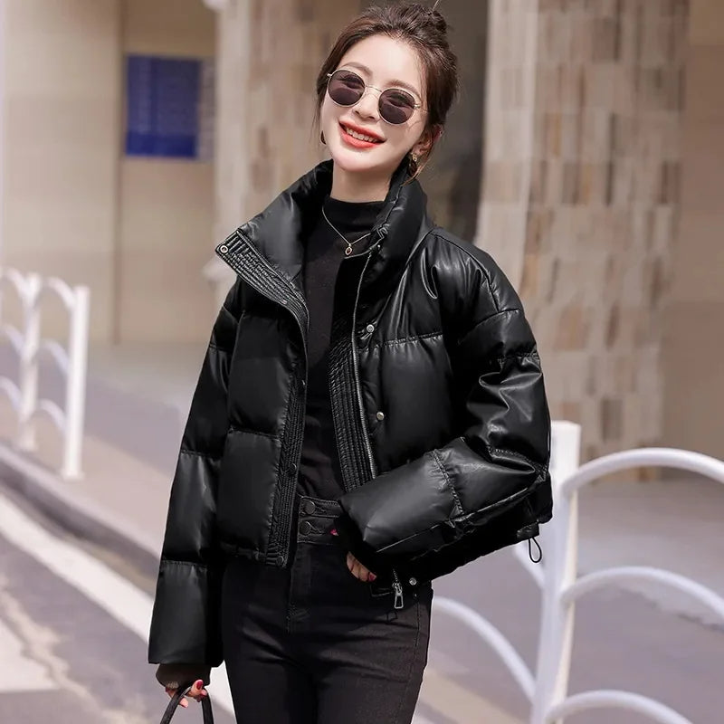 Winter Short PU Leather Down Jacket for Women – Coffee Maillard, Stand Collar, Warm & Thickened