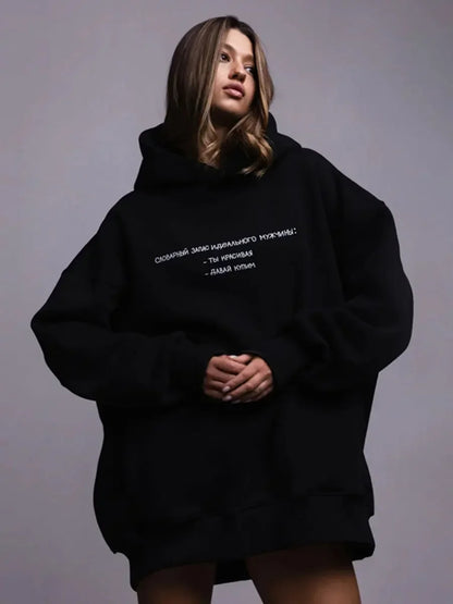 2025 Oversized Retro Print Hoodie for Women Warm Fleece Sweatshirt Casual Streetwear Pullover