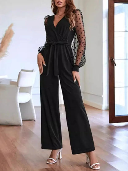 Sheer Sleeve Black Straight Jumpsuits