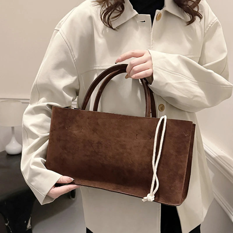 Large Capacity Retro Suede Leather Handbag - Matte Solid Commuter Basket Shoulder Bag for Women