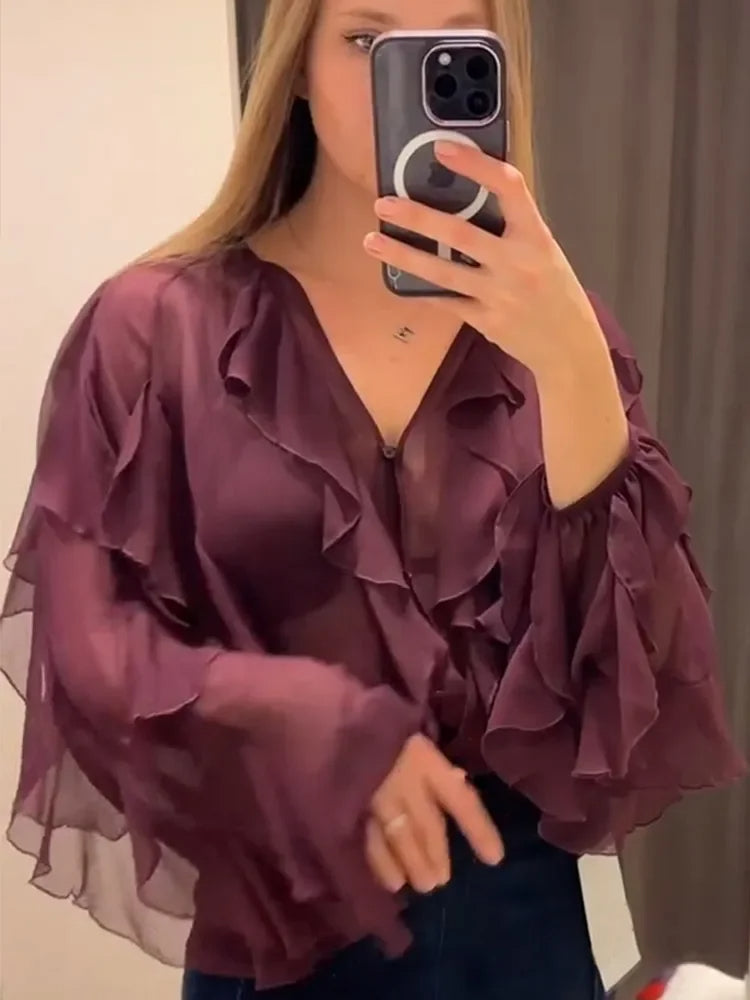 2025 Spring Elegant Solid Ruffle V-Neck Blouse | Chic Long Sleeve Single-Breasted Perspective Shirt for Women