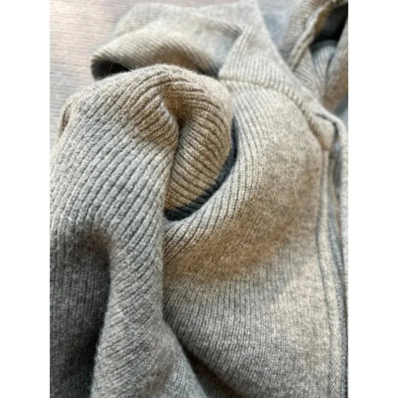 2025 Women's Gray Knitted Cardigan – Hooded Zipper Sweater, Casual Loose Vintage Y2K Jacket