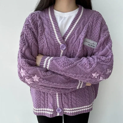 2025 Star Embroidered Purple Cardigan for Women Y2K V-Neck Knit Sweater Soft & Warm Loose-Fit Autumn Cardigans