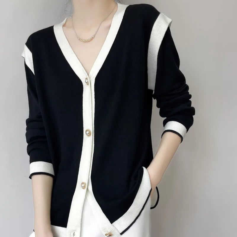 2025 V-Neck Cashmere Knit Cardigan for Women Lightweight, Loose-Fit, Spring & Autumn Fashion, Lazy Chic Style