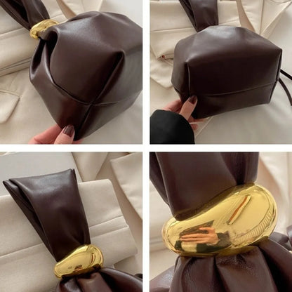 Solid PU Leather Clutch Bag - Korean Style Large Capacity Pleated Bucket Evening Handbag with Side Zipper