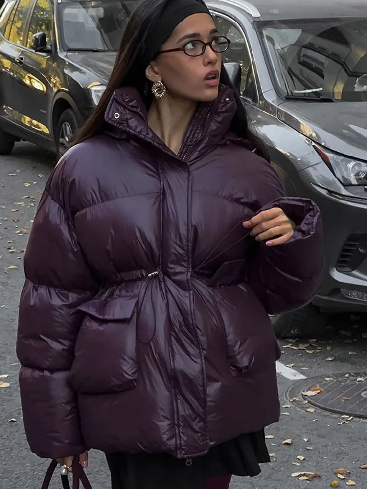 Fashion Burgundy Red Women’s Drawstring Down Jacket Chic Stand Collar Long Sleeve Warm Winter Coat