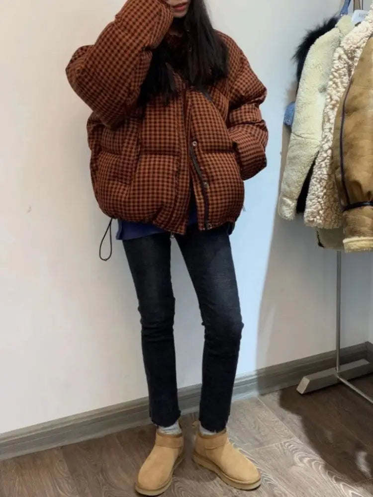 2025 Winter Korean Style Checkered Thick Short Parka Jacket for Women Warm & Trendy