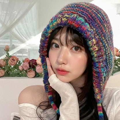 New Thick Knit Hat – Stylish Cozy Women's Winter Beanie, Rainbow Lace-Up, Windproof & Foldable