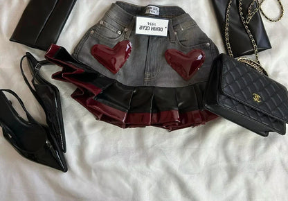 2025 Punk Rock Mini Skirt Set for Women Sexy Y2K Denim Patchwork Pleated Skirt Festival Outfit