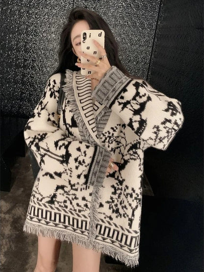 2025 Retro-Inspired Harajuku Tie-Dye Cardigan for Women Long Sleeve, Tassel Detail, Turn-Down Collar, Autumn & Winter Fashion