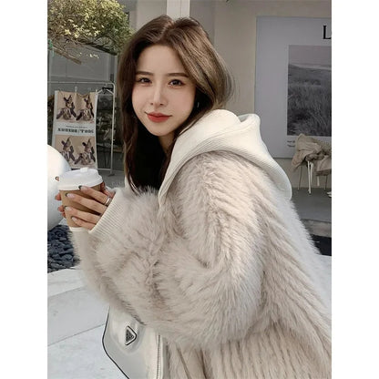 2025 Winter Women's Lamb Wool Coat – Medium-Long, Thickened, Velvet Hooded Faux Fur with Rabbit Hair