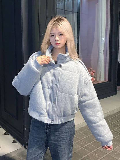 2025 Korean Style High-End Gray Cotton Parka for Women Loose Fit Thickened Stand Collar Winter Coat