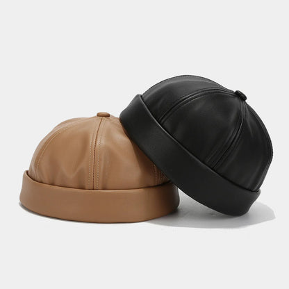 Solid Color PU Leather Landlord Hat – Unisex Retro Melon Cap, Adjustable Autumn Winter Docker Hat