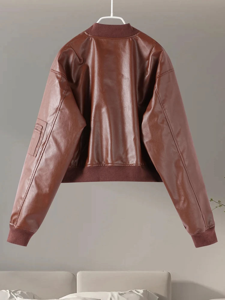 Casual O-neck Zipper Pockets Vintage Leather Bomber Jackets