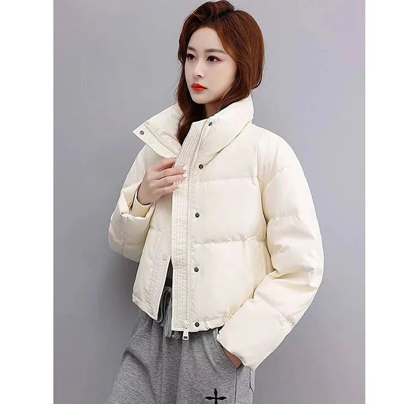 Winter Short PU Leather Down Jacket for Women – Coffee Maillard, Stand Collar, Warm & Thickened