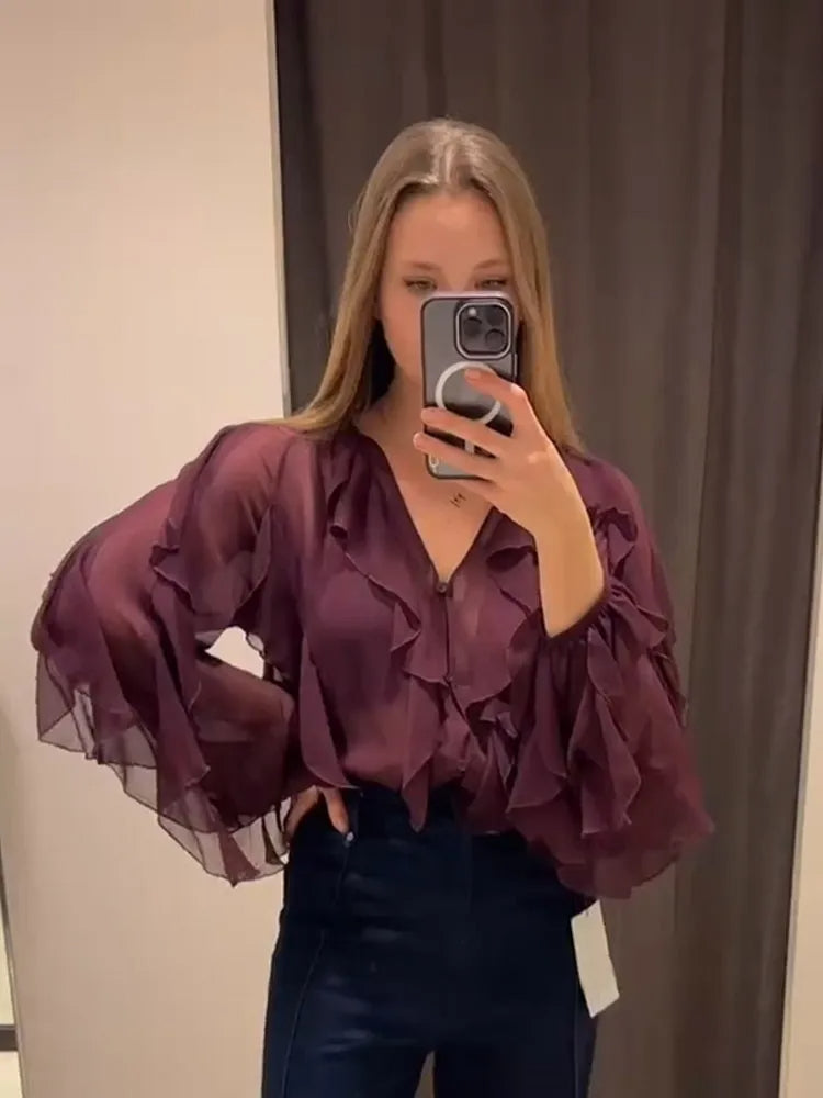 2025 Spring Elegant Solid Ruffle V-Neck Blouse | Chic Long Sleeve Single-Breasted Perspective Shirt for Women