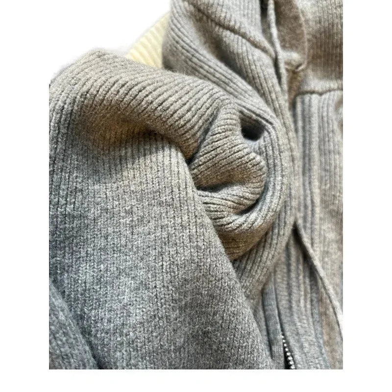 2025 Women's Gray Knitted Cardigan – Hooded Zipper Sweater, Casual Loose Vintage Y2K Jacket