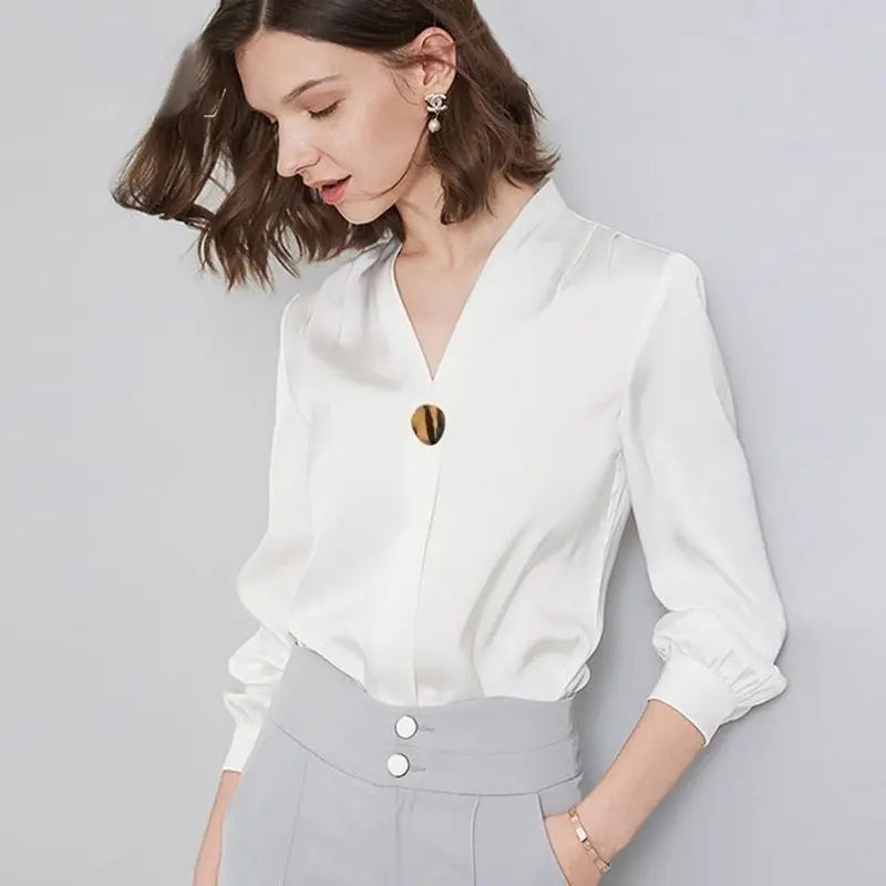 Spring/Summer Women’s Chiffon Loose-Fit Shirt | Solid Color Long Sleeve Office Lady Top for All-Match Fashion