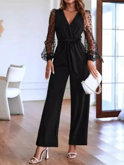 Sheer Sleeve Black Straight Jumpsuits