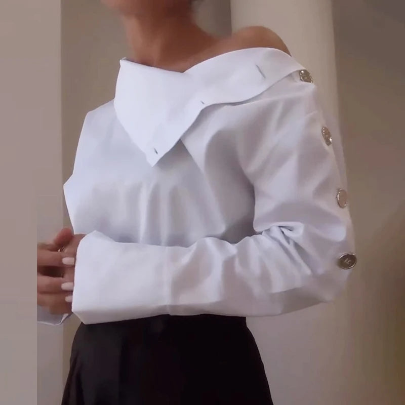 2025 Fashion Office Ladies One-Shoulder Blouse | Slim Fit Long Sleeve White Shirt with Metal Button