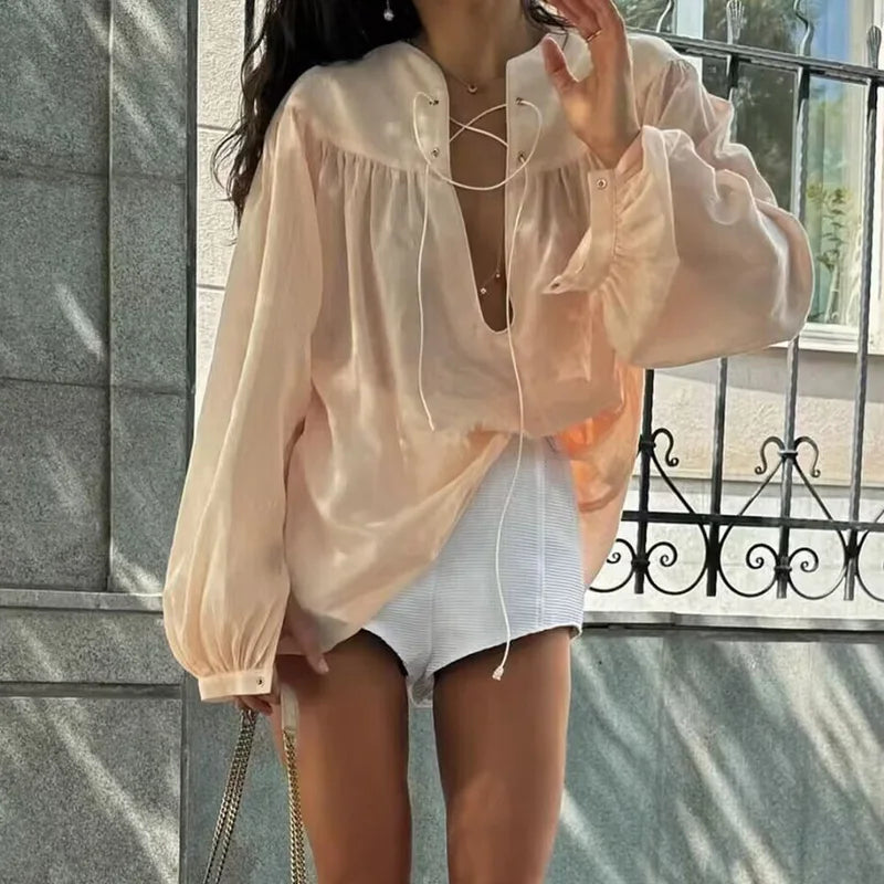 2025 Spring Women's Elegant Lace-Up Blouse | Loose-Fit Long Sleeve O-Neck Shirt Fashion Top