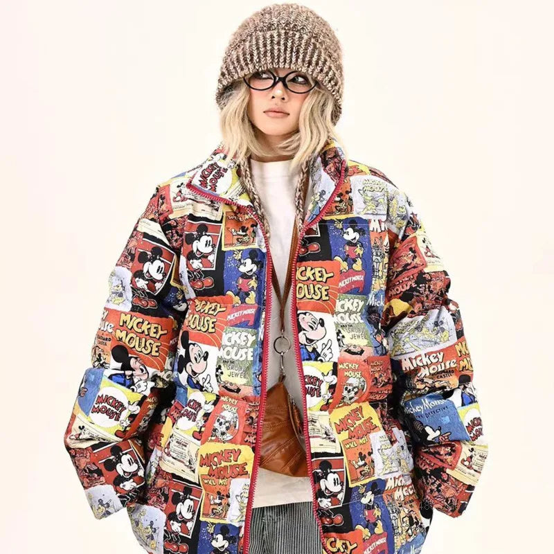 2025 American Style Cartoon Print Cotton Jacket Unisex Stand Collar Winter Coat for Men & Women