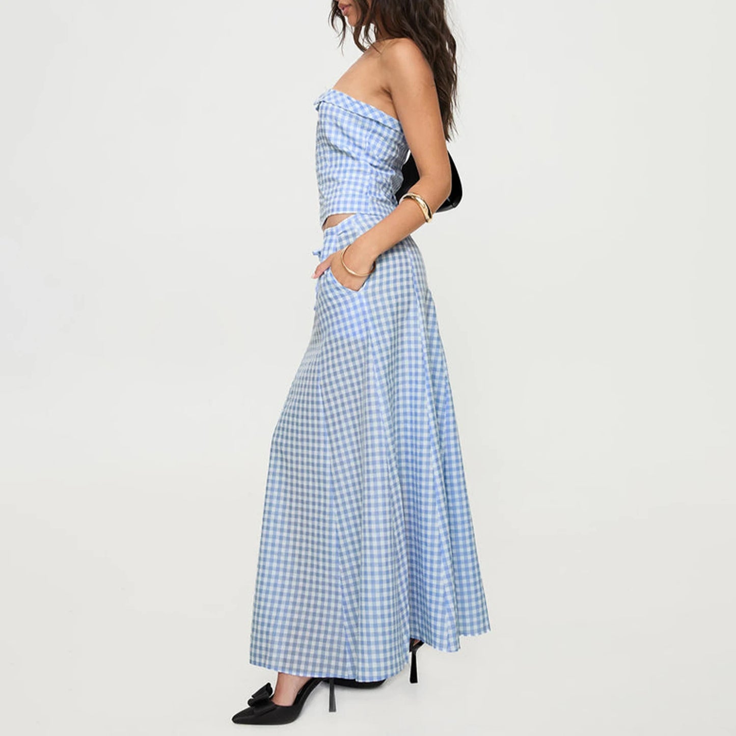 2025 Y2K Plaid Two-Piece Set for Women Crop Tube Top & Flowy Maxi Skirt Aesthetic Summer Outfit