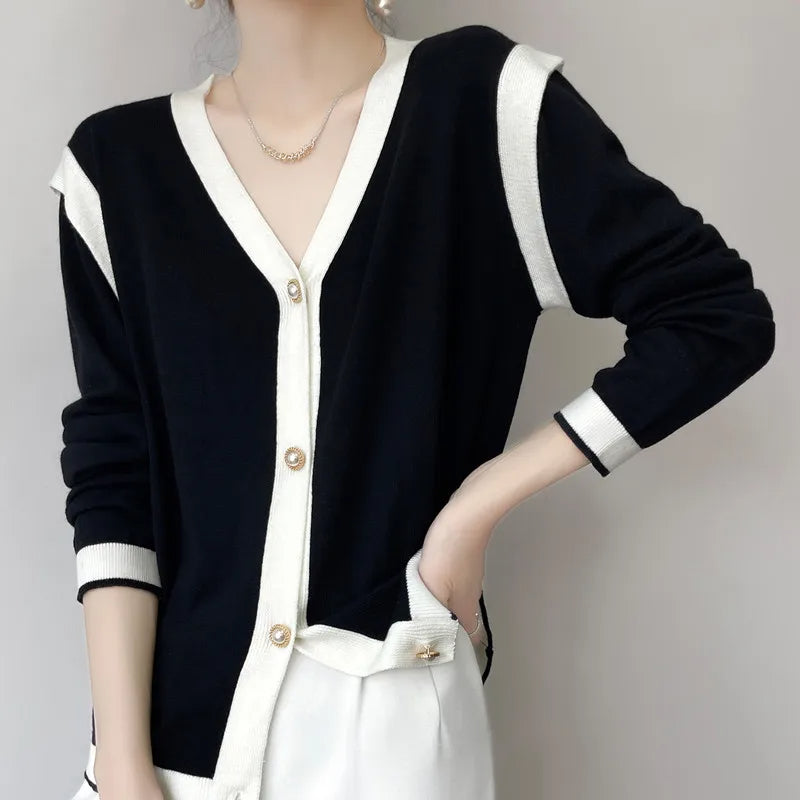 2025 V-Neck Cashmere Knit Cardigan for Women Lightweight, Loose-Fit, Spring & Autumn Fashion, Lazy Chic Style