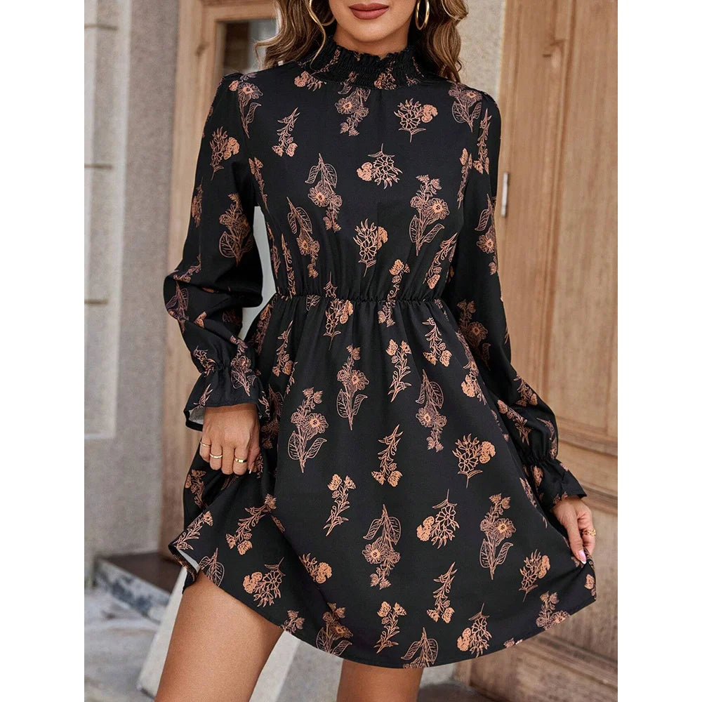 Floral Pattern Long Sleeve Mini Dresses