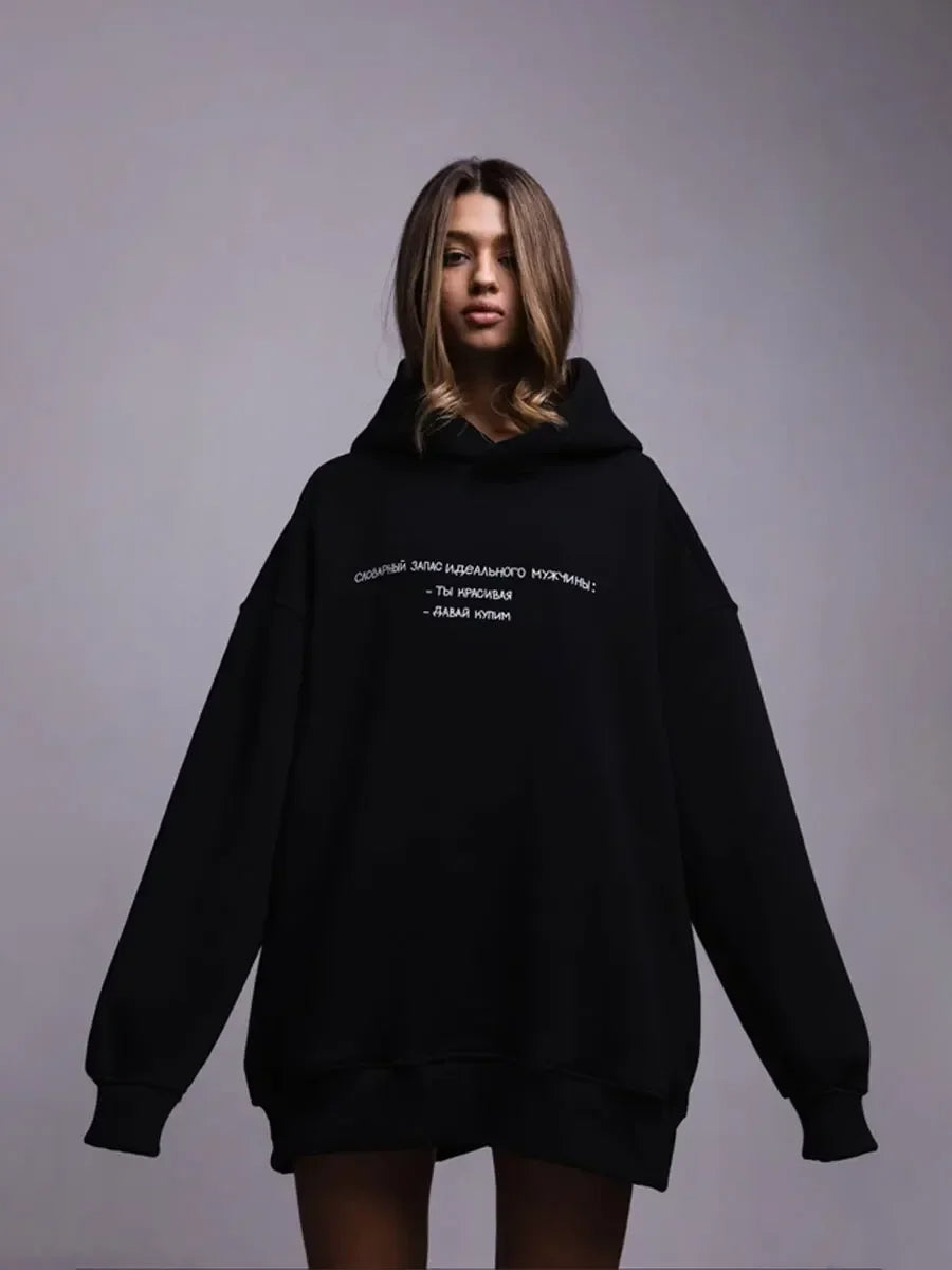 2025 Oversized Retro Print Hoodie for Women Warm Fleece Sweatshirt Casual Streetwear Pullover