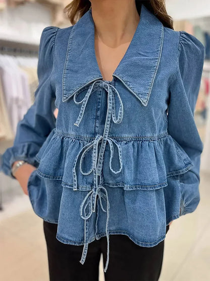 2025 Fashion Street Style Women's Denim Shirt | Casual Loose-Fit Long Sleeve Lace-Up Blouse for Chic Layered Looks