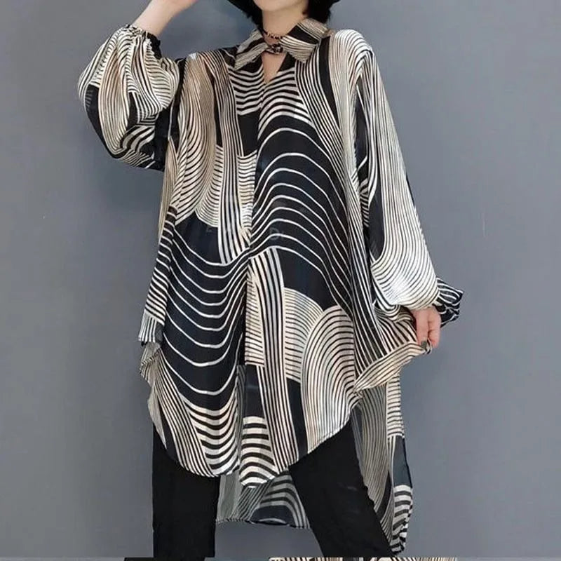 2025 Summer Oversized Striped Chiffon Blouse for Women | Casual Loose-Fit Sunscreen Shirt, 4XL Holiday Top