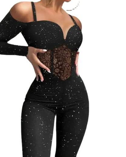 2025 Women's Lace Hollow Fashion Jumpsuit Glitter Knitted Sleeveless High Waist Pants Outfit